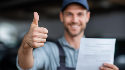 Faceless auto mechanic showing thumb up and holding documents in repair shop, automotive service approval, garage workshop satisfaction, defocused technician gesture, with copy spa