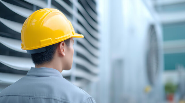 Faceless engineer checking industry cooling tower air chiller HVAC of large industrial building to control air system, facility climate management, defocused technician working, wi