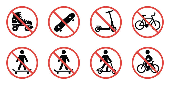 Roller Skate Silhouette Icon Vector Set Featuring Skateboard, Kick Scooter, Bike, and No-Skate Signs