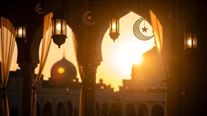 Golden sunset illuminates Islamic lanterns, crescent moons, and mosque silhouette