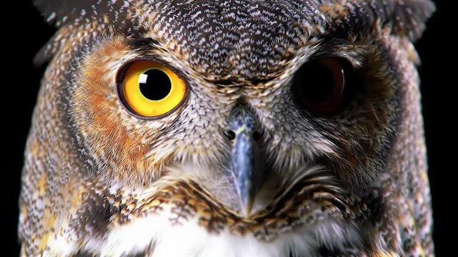 Extreme close-up video of a Great Horned Owl, detailed plumage, piercing yellow eyes, head rotating on black void. Concept of avian intelligence and remarkable flexibility