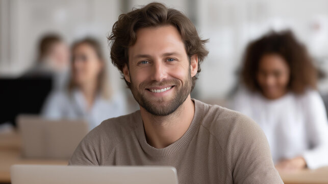 Faceless handsome man working on modern office, good teammate collaboration on happy team, marketing computer law paralegal technology professional, defocused worker, with copy spa