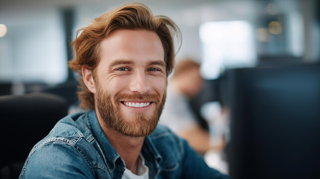 Faceless handsome man working on modern office, good teammate collaboration on happy team, marketing computer law paralegal technology professional, defocused worker, with copy spa
