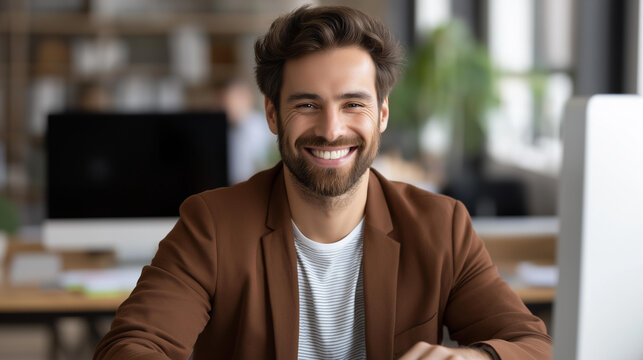 Faceless handsome man working on modern office, good teammate collaboration on happy team, marketing computer law paralegal technology professional, defocused worker, with copy spa