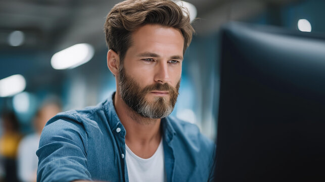 Faceless handsome man working on modern office, good teammate collaboration on happy team, marketing computer law paralegal technology professional, defocused worker, with copy spa