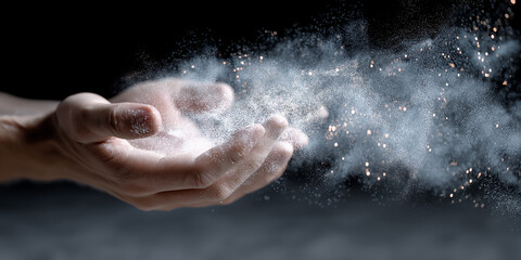 Fototapeta premium Hands release fine dust particles in the air during a creative activity in a dark space with soft lighting