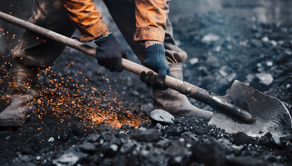 Close-up of a worker digging with a shovel in dark soil and rocks.