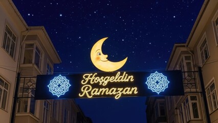 Ramazan celebration sign with smiling moon in starry night