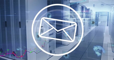 Animation of envelope email icon over processing data and computer server room - Powered by Adobe