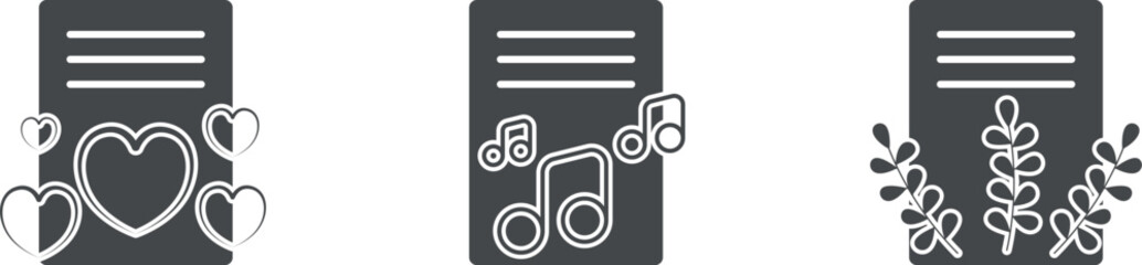 Documents with hearts, musical notes, and plants. Valuable documents, sheets of paper, assets and finances, accounting reports, vector web icons, text printing on A4 paper. Contracts and applications.
