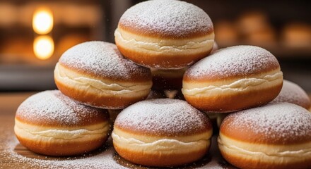 Freshly baked powdered sugar donuts stack on wooden table with warm lighting and cozy bakery background for Paczki donut Day