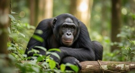 Obraz premium Portrait of thoughtful chimpanzee sitting on tree branch in lush green forest with soft natural lighting for World Bonobo Day