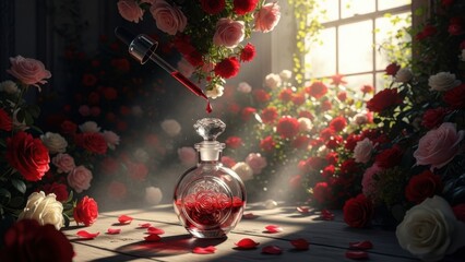 Elegant perfume bottle with red liquid surrounded by roses