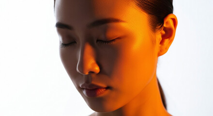 A close-up portrait of a woman with closed eyes and a soft, warm glow of light on her face
