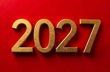 Golden inflated numbers 2027 on a red background