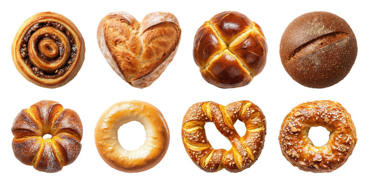 PNG Assorted baked bread varieties displayed, element set on transparent background