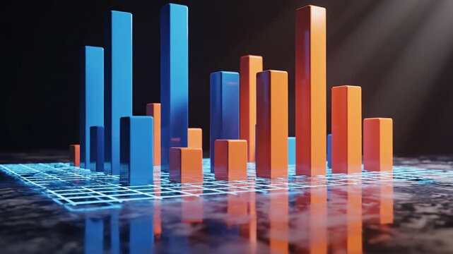 Abstract bar chart with light rays reflecting on surface illustration
