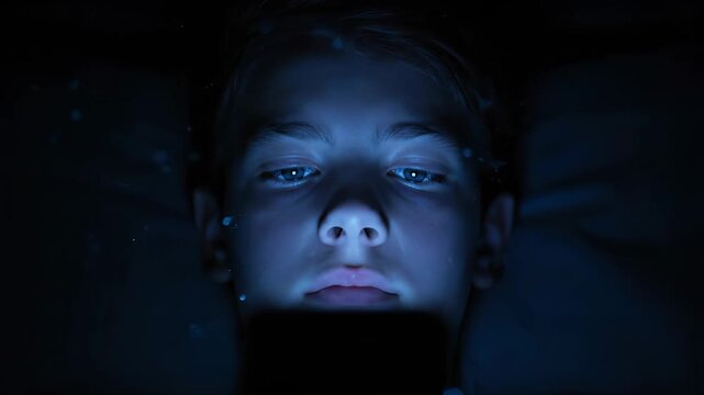 boy holds smartphone with screen glow on face. dark night setting with pillow under head. closeup captures blue illumination across skin. gaze lowered toward device screen. fingertip near glass.
