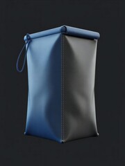 A blue and gray drawstring bag on a black background