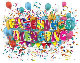 Faschingsdienstag Cover mit Luftballons, Luftschlangen und Konfetti	