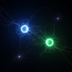 Obraz premium Two glowing celestial bodies with energy tendrils in deep space stars galaxy nebula cosmic de
