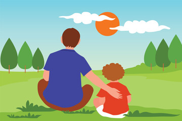 Father and son sit on the meadow. Father and son sitting on the grass under a blue sky. Father's day vector template. Landscape Vector illustration.