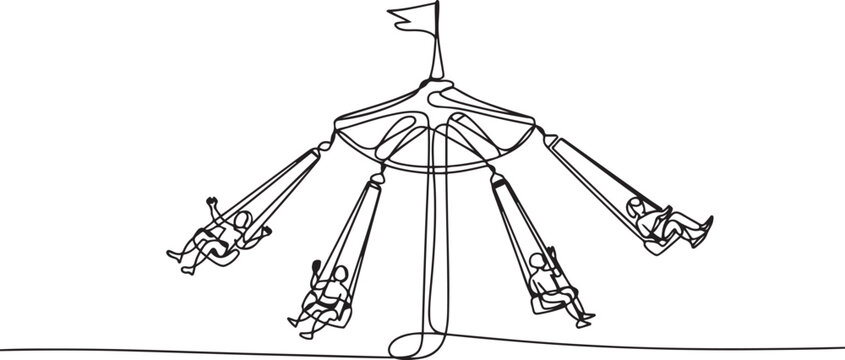 Continuous one line drawing wave swinger in the amusement park with four seats and a flag above. The passengers can swing around in the sky. one line Icon drawing