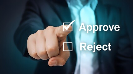 Approve concept. businessman touching check mark to approve document or project on virtual screen.