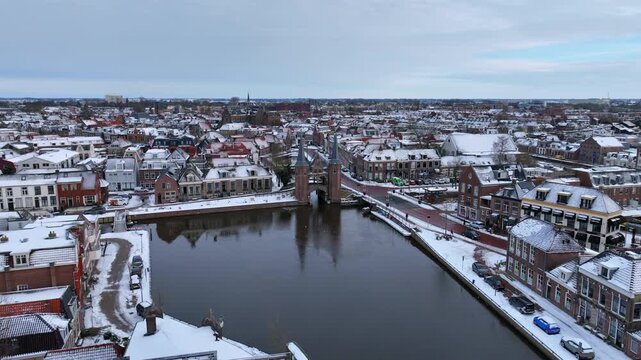 Aerial winter view of the snowy city Sneek in Friesland,Netherlands