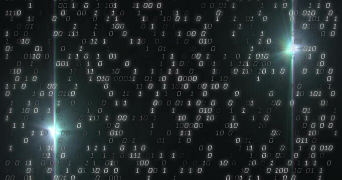 Floating binary digits forming digital code matrix, with glowing green light streaks dancing