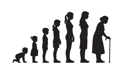 Black Silhouettes of Female Life Stages from Infancy to Old Age, Growth and Aging Concept