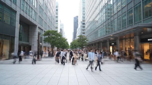 Vibrant city street scene captured with dynamic motion blur, depicting a bustling crowd of pedestrians moving between modern buildings, showcasing the fast pace of urban life