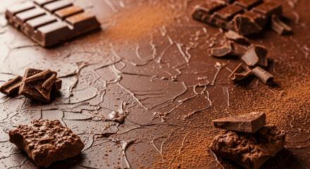 An exquisite composition of broken dark chocolate bars and scattered cocoa powder, creating a tempting display of pure, rich, and decadent dessert ingredients