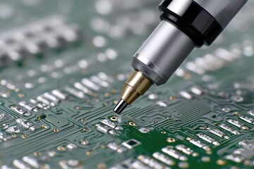 Close-up view of a pen touching a circuit board during an electronic testing process in a workshop