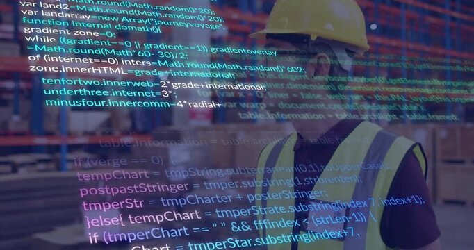 Warehouse worker scanning steel racks while mapping code overlay onto pallets for inventory check