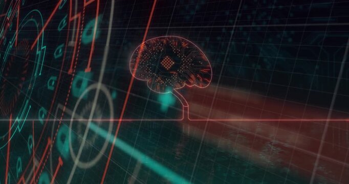 Glowing grid activating baseline pulsing brain as dial spinning and graph rising showing data flow