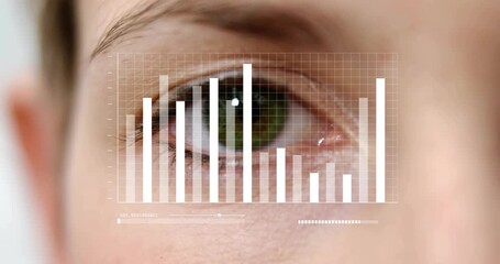 Woman's green eye blinking obscuring grid while pulsing chart scanning and medical analysis - Powered by Adobe
