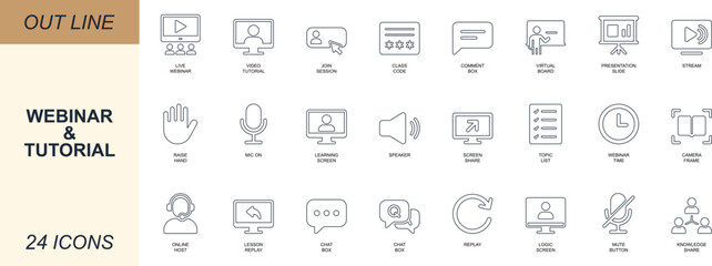 Webinar and tutorial line icon set. Featuring video, screen, live session, replay, mic, slide, and chat. For online learning, streaming, education UI, and course apps.