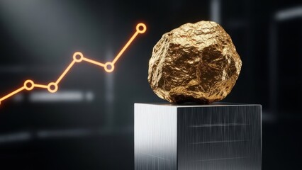 Golden nugget on pedestal with rising graph in background
