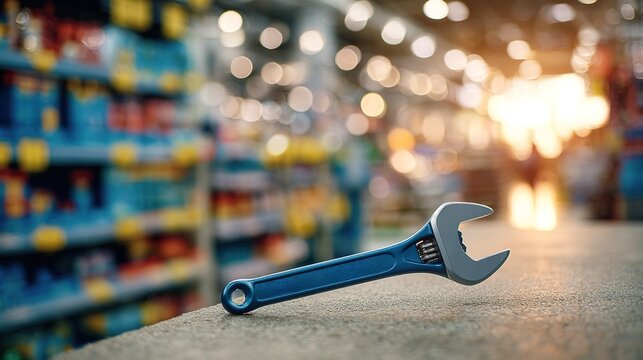 Wrench on a workbench inside a hardware store during busy hours with customers browsing background products and merchandise