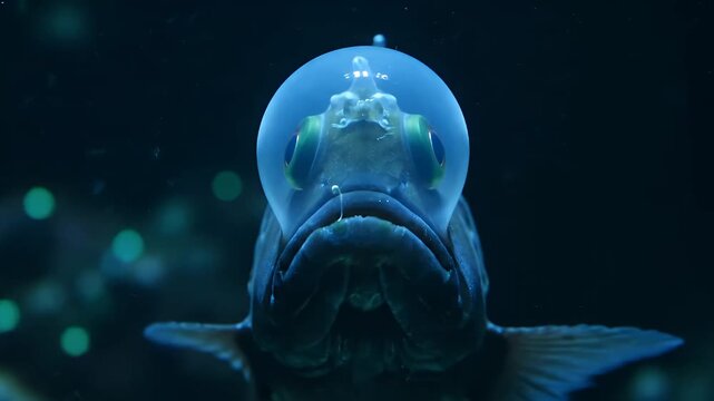 Close-up front view of a barreleye fish with its unique transparent head and tubular eyes, swimming in a dark blue deep-sea environment.