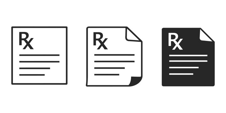Minimalist prescription icon set featuring Rx symbol variations for medical design