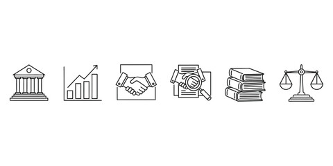 Obraz premium Business & Law Icons: Courthouse, Growth Chart, Handshake, Magnifying Glass, Books, Scales