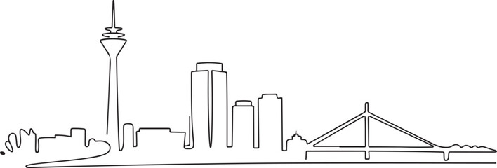 One single line drawing of Dusseldorf city skyline, Germany. Historical skyscraper landscape in world. Best holiday wall decor art destination. one line Icon drawing © Mofazzelh