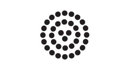 Stylized circular pattern of black dots arranged in concentric spirals on a white background, abstract and modern visual element.
