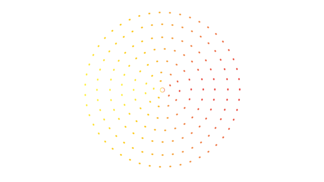 Abstract circular pattern of dots with a warm yellow to red gradient, conveying energy and movement on a white background - Powered by Adobe