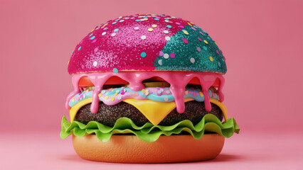 Colorful burger with sprinkles on a pastel pink background, viewed from the front, showcasing food item image (1).jpg