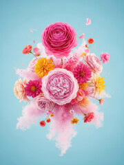 A vibrant bouquet of flowers suspended in air, captured from a direct overhead viewpoint, showcasing a mix of pink roses and colorful blooms.