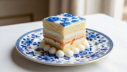 A beautifully decorated cake on a patterned plate, showcasing layers and dessert balls, viewed from the side on a white table