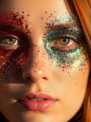 Vibrant close-up portrait of a young woman with colorful face paint and glitter, showcasing creative makeup, festival atmosphere, and beauty standards